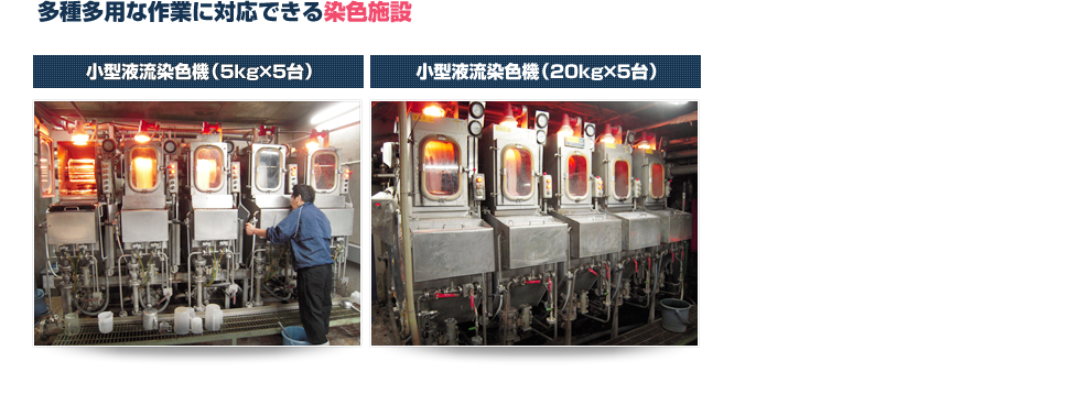 多種多用な作業に対応できる染色施設 小型液流染色機（5kg×5台） 小型液流染色機（20kg×5台）
